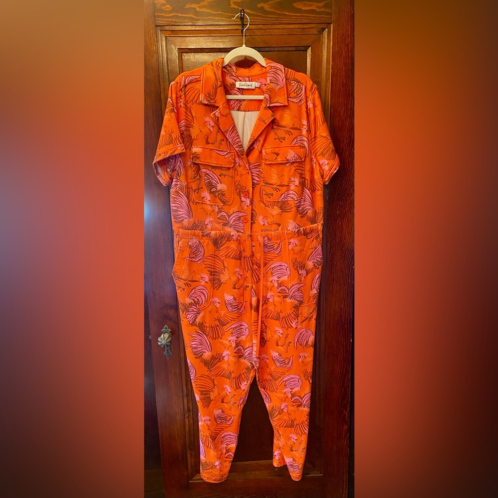 Rachel Antonoff Orange and Pink Feather Rooster Print Jumpsuit